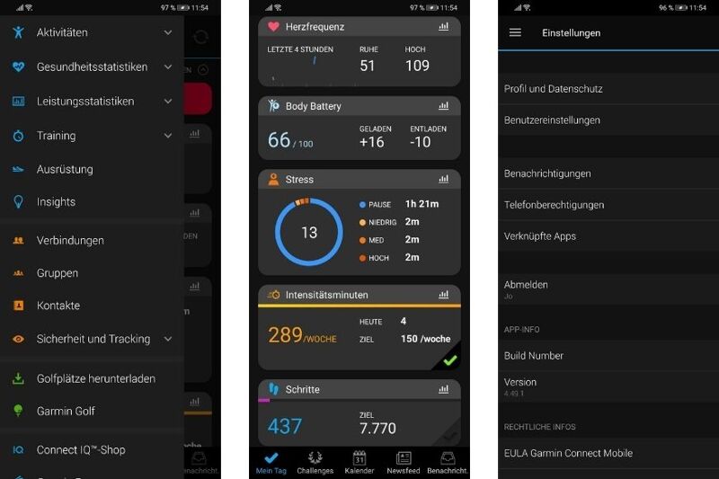 Man sieht die geöffnete Garmin Connect App.